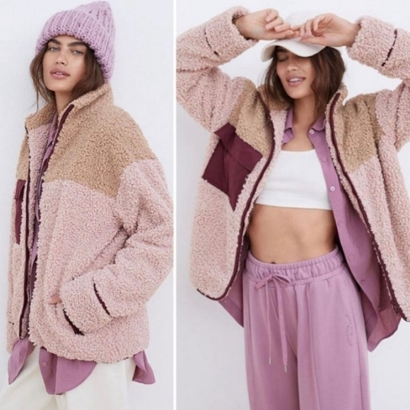 For Love And Lemons Jackets & Blazers - ForLove And Lemons Patchwork Sherpa Full Zip Colorblock Jacket Pink Beige SZ XS